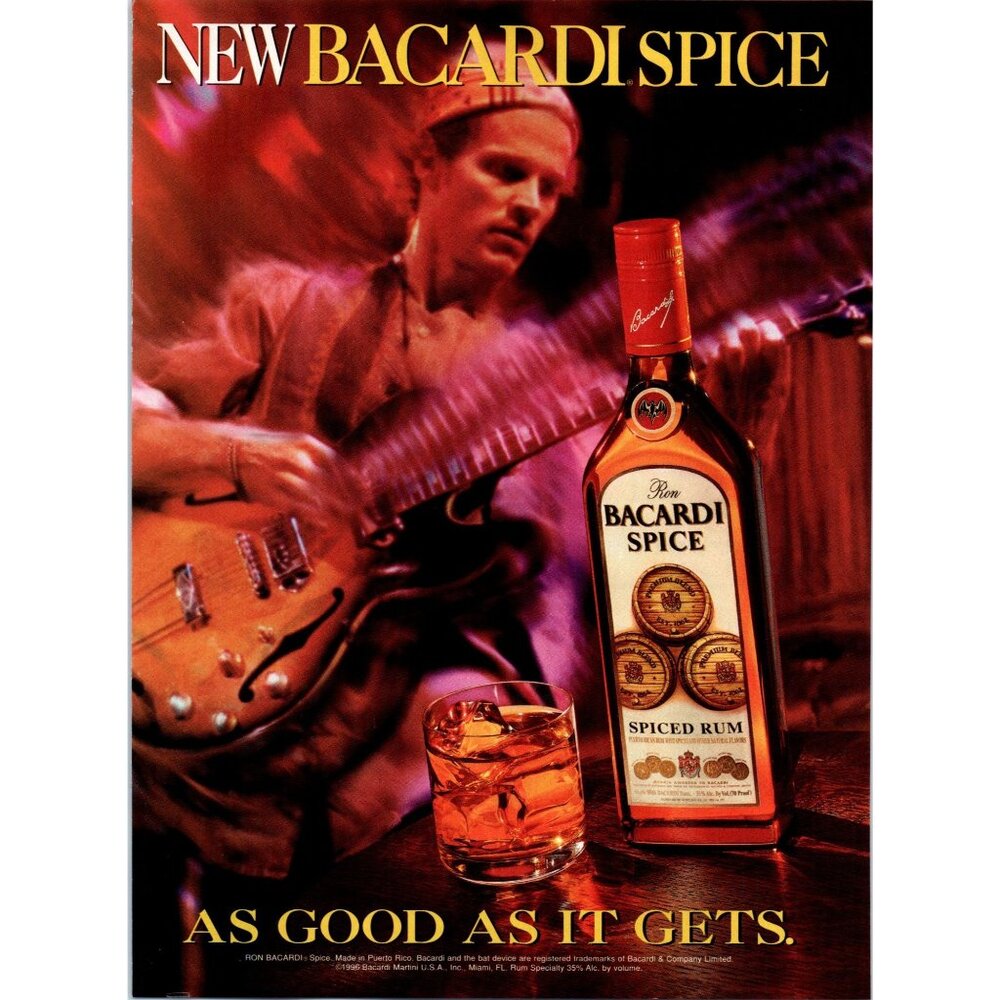 1996 Bacardi Spice Spiced Rum Vintage Print Ad Electric Guitar Band Wall Art